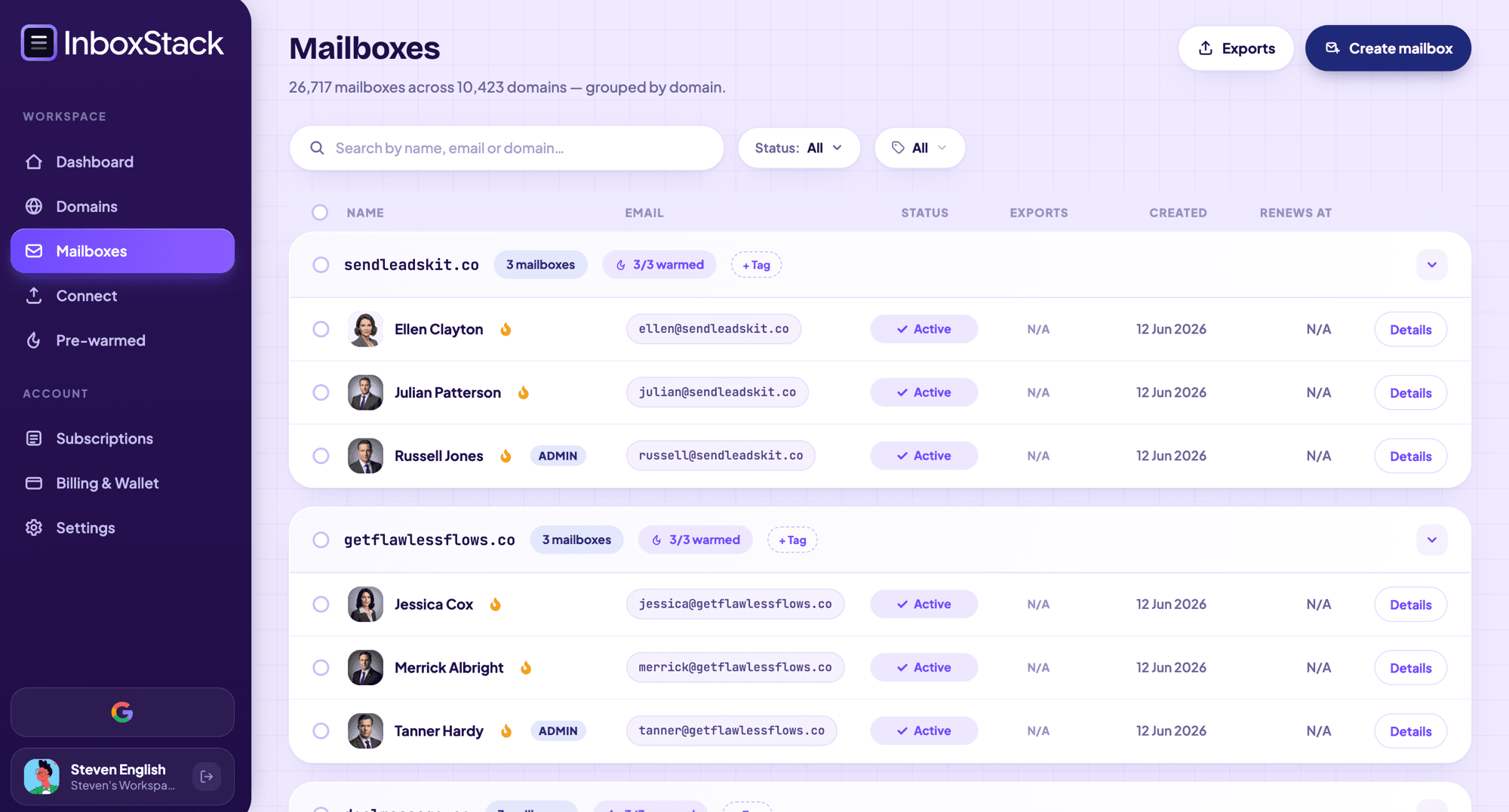 InboxStack mailboxes dashboard